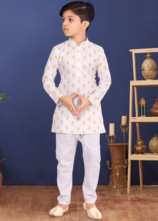 Kids White Readymade Printed Kurta Churidaar
