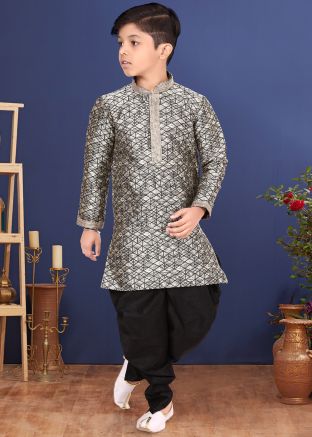 Grey Readymade Jacquard Kids Kurta With Dhoti