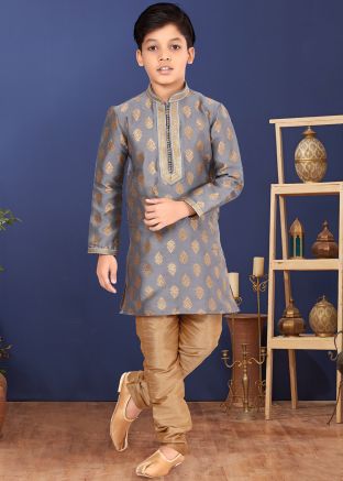 Readymade Grey Woven Kids Kurta Pyjama