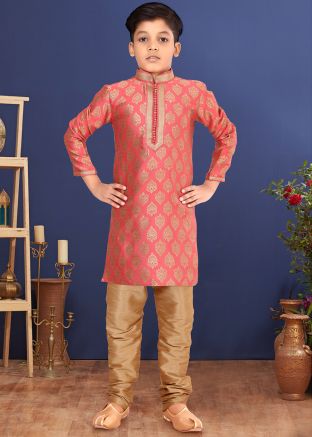 Peach Woven Kids Readymade Kurta Churidaar