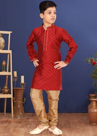 Kids Red Silk Readymade Kurta Churidaar