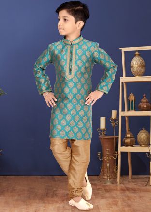 Kids Turquoise Woven Readymade Kurta Pyjama