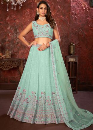 Green Embroidered Georgette Lehenga Choli