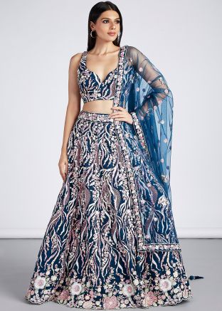 Navy Blue Embroidered Lehenga Choli In Net