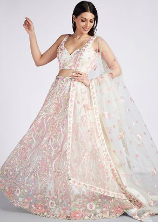 Cream Embellished Net Lehenga Choli & Dupatta