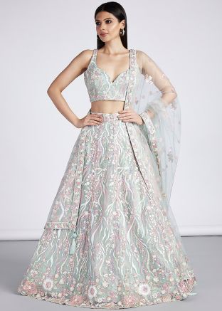 Green Net Lehenga Choli In Thread Embroidery