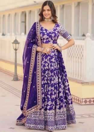 Purple Embroidered Lehenga Choli In Viscose