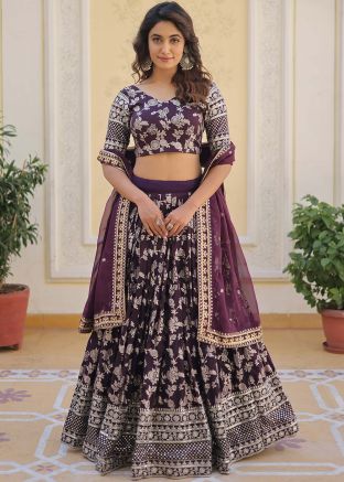 Purple Embroidered Lehenga Choli In Viscose