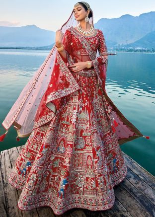 Red Embroidered Silk Wedding Lehenga Choli for women USA