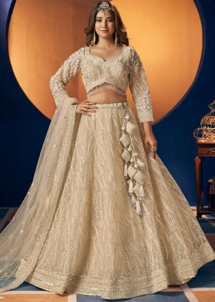 Cream Readymade Thread Embroidered Net Lehenga Choli 