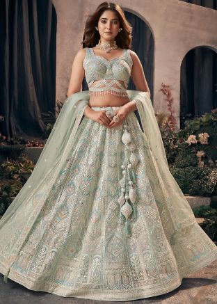 Sea Green Embroidered Lehenga Choli In Net