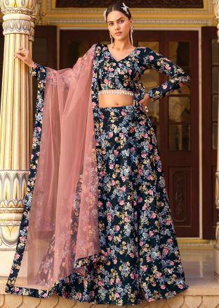 Black Floral Printed Silk Lehenga Choli