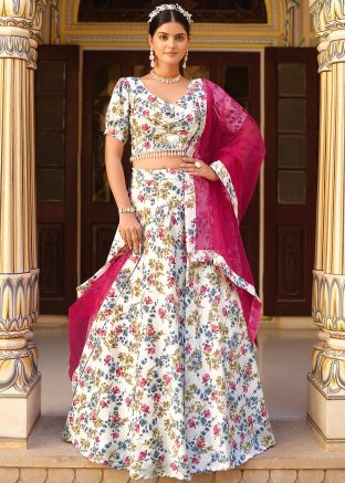 White Silk Floral Print Lehenga Choli