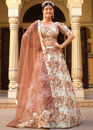 White Silk Lehenga Choli In Floral Print