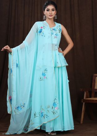 Readymade Blue Hand Painted Kurti Style Lehenga Choli