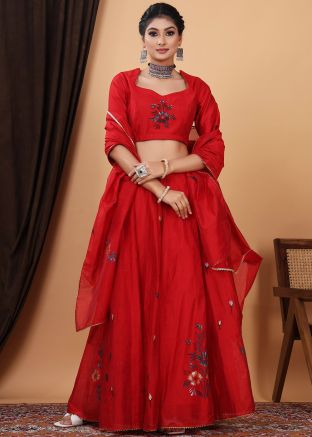 Red Readymade Hand Painted Lehenga Choli