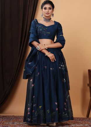 Teal Blue Chanderi Hand Painted Lehenga Choli