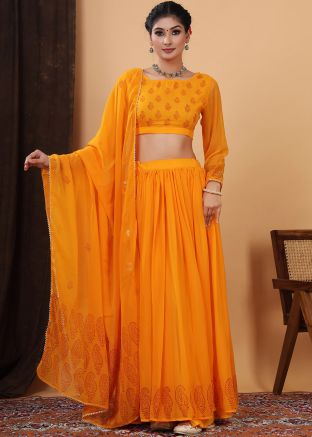 Orange Hand Block Print Lehenga Choli & Dupatta