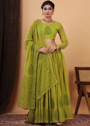 Green Hand Block Print Lehenga Choli & Dupatta