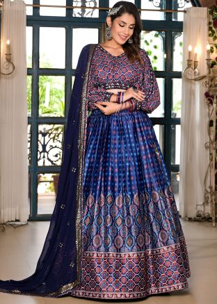 Blue Satin Readymade Lehenga Choli In Digital Print