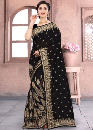 Zari Embroidered Black Silk Saree & Blouse