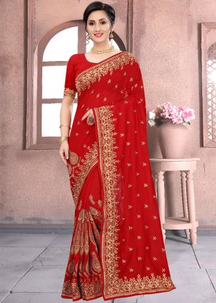 Red Silk Bridal Saree With Zari Embroidery