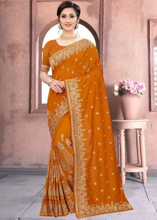 Orange Zari Embroidered Silk Saree For Festive Wear