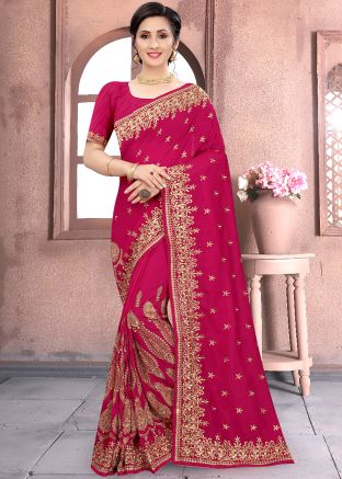 Magenta Silk Blouse With Embroidered Saree
