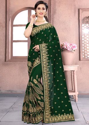Green Silk Saree With Heavy Embroidered Border