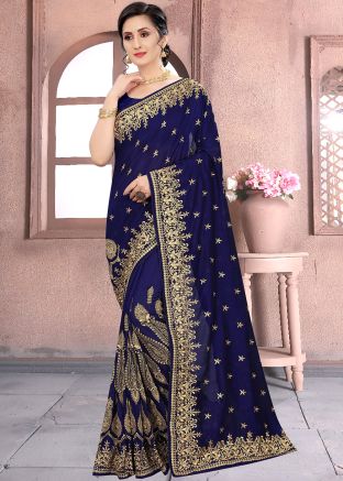 Embroidered Blue Heavy Border Saree In Silk