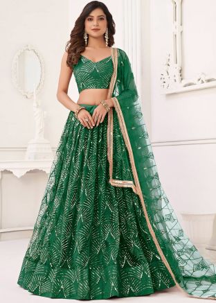 Green Sequins Work Lehenga Choli In Net