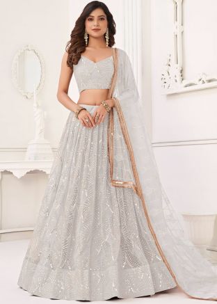 Off White Net Lehenga Choli In  Sequins Work