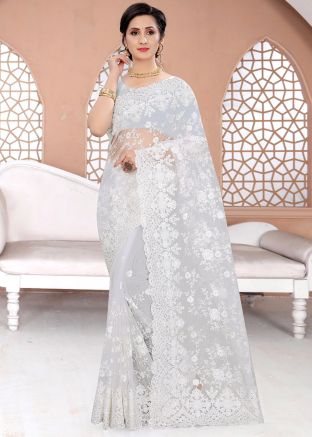 White Net Embroidered Heavy Border Saree