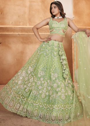 Green Embroidered Net Lehenga Choli & Dupatta
