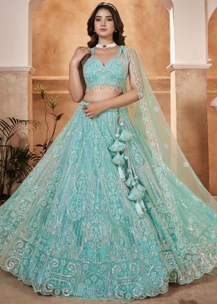Blue Embroidered Net Lehenga Choli With Dupatta