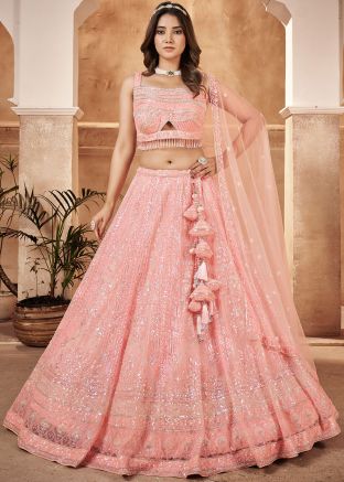 Peach Embellished Lehenga Choli In Net