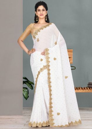 White Partywear Embroidered Georgette Saree