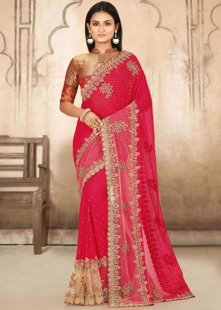 Peach Hand Work Saree In Georgette