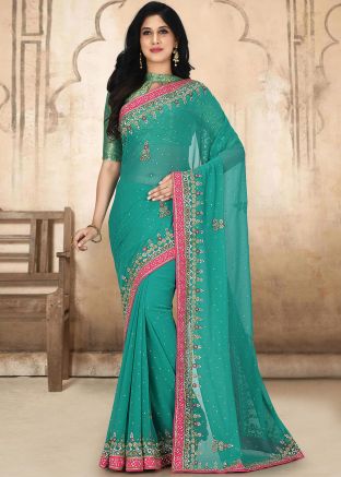 Green Zari Hand Work Georgette Saree
