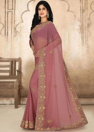 Pink Embroidered Georgette Saree With Blouse