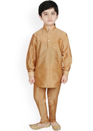 Beige Readymade Kids Silk Kurta Pyjama