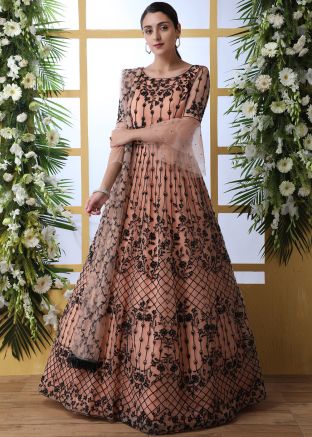 Peach Bell Sleeved Embroidered Anarkali Suit