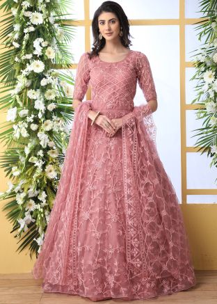 Indian Dresses Online USA - Pink Net Embroidered Anarkali Suit