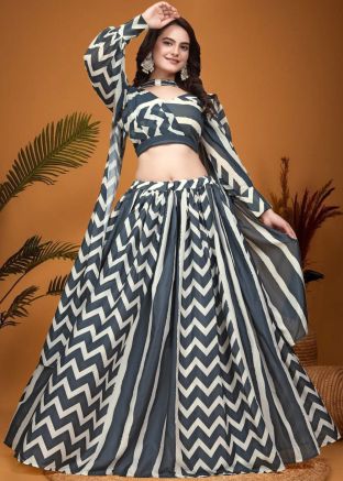 Grey Printed Lehenga Choli In Crape