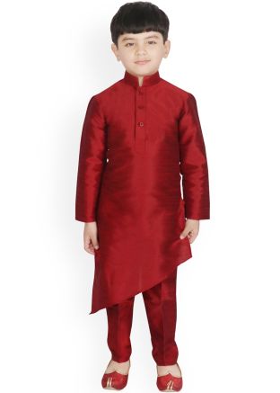 Readymade Maroon Kids Kurta Pajama In Asymmetric Style