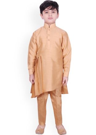 Beige Readymade Asymmetric Kids Kurta Pajama Set