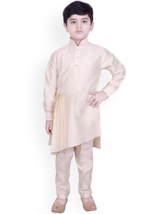 Cream Readymade Kids Kurta Pajama In Asymmetric Style