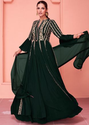 Green Readymade Embroidered Georgette Kurti Style Lehenga