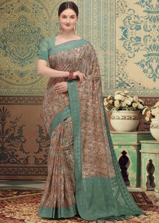 Green Chanderi Floral Printed Saree