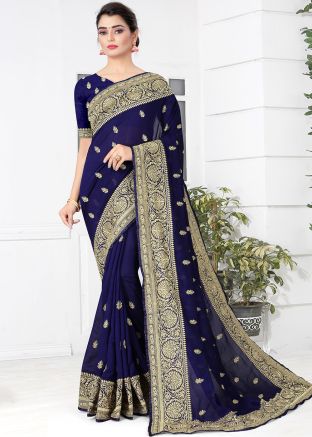 Blue Silk Saree With Heavy Embroidered Border